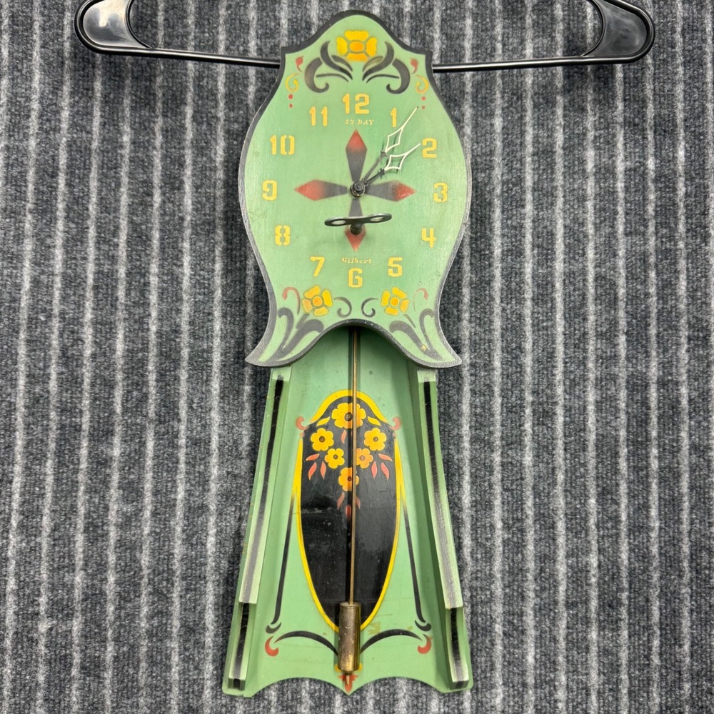 Vintage Gilbert Green 12 Day Wind Up Folk Art Floral Wall Clock Pendulum Key